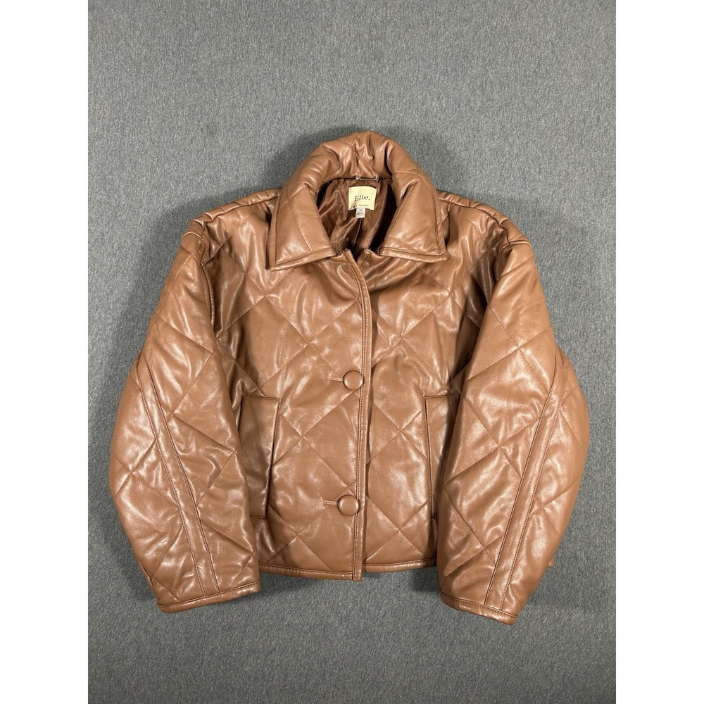 Elie Tahari Brown Quilted Faux Leather Puffer Jacket Large FLAW